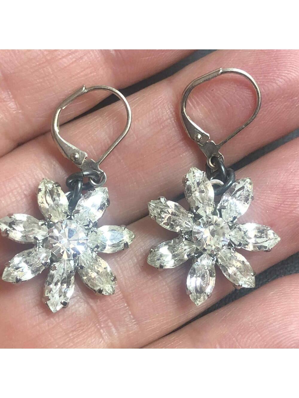 7496 John Wind flower crystal leverback silvertone dangle earrings